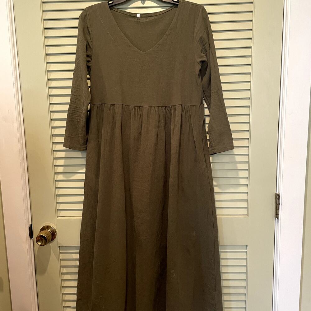 Linen Flowy Olive Green Midi Dress Boho Cottagecore NWOT